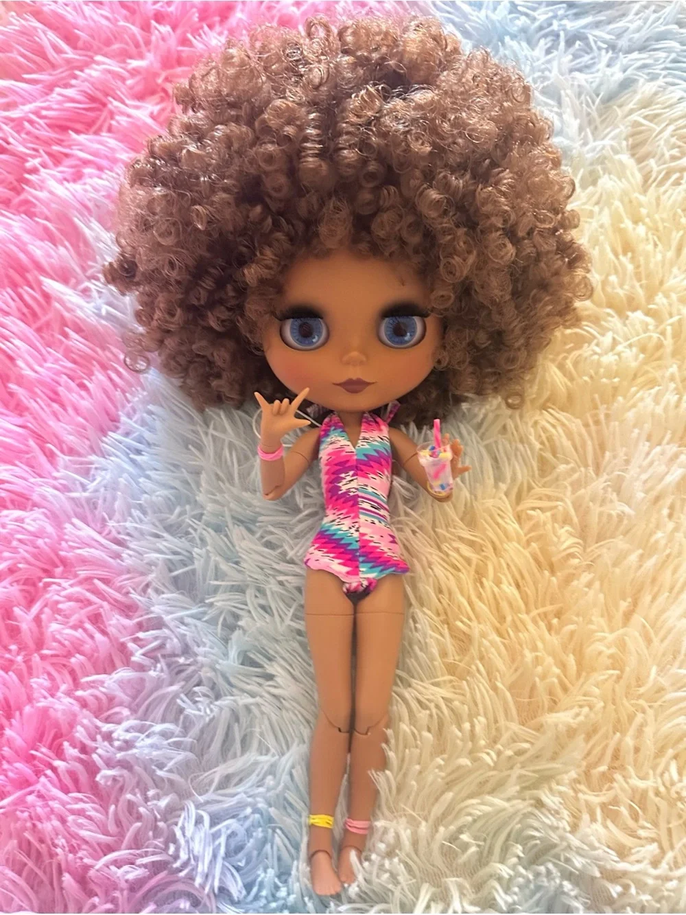 TBL Articulated Blythe Doll with Brown Curly Hair.